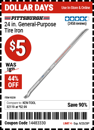 Harbor Freight Coupons, HF Coupons, 20% off - 24 In. General Purpose Tire Iron