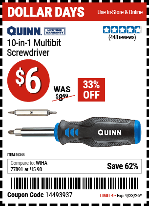 Harbor Freight Coupons, HF Coupons, 20% off - QUINN 10-in-1 Multi-Bit Screwdriver for $7.99