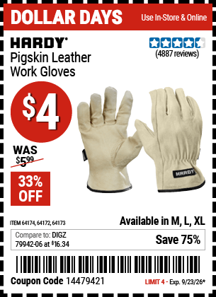 Harbor Freight Coupons, HF Coupons, 20% off - Pigskin Leather Work Gloves