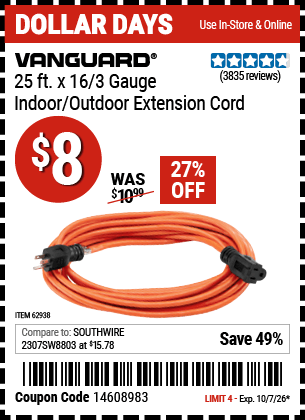 Harbor Freight Coupons, HF Coupons, 20% off - 25 ft. x 16 Gauge Indoor/Outdoor Extension Cord