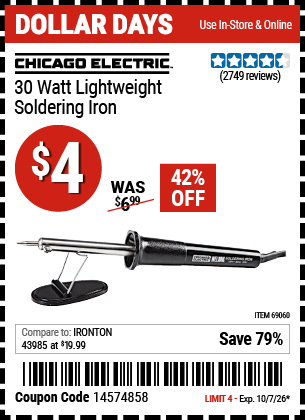 Harbor Freight Coupons, HF Coupons, 20% off - 30 Watt Lightweight Soldering Iron