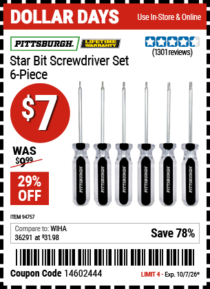 Harbor Freight Coupons, HF Coupons, 20% off - 6 Piece Star Bit Screwdriver Set