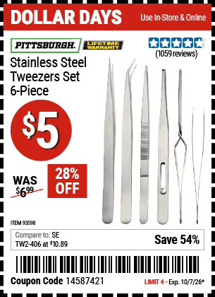 Harbor Freight Coupons, HF Coupons, 20% off - 6 Piece Stainless Steel Tweezer Set
