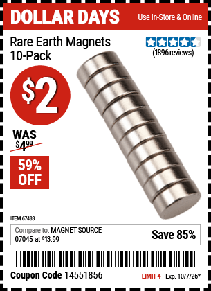 Harbor Freight Coupons, HF Coupons, 20% off - Rare Earth Magnets Pack Of 10