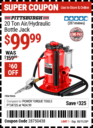 Harbor Freight Coupons, HF Coupons, 20% off - PITTSBURGH 20 ton Air/Hydraulic Bottle Jack for $99.99