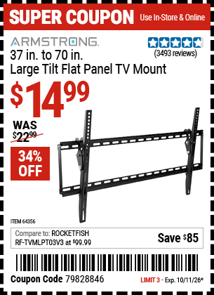 Harbor Freight Coupons, HF Coupons, 20% off - ARMSTRONG Large Tilt Flat Panel TV Mount for $19.99
