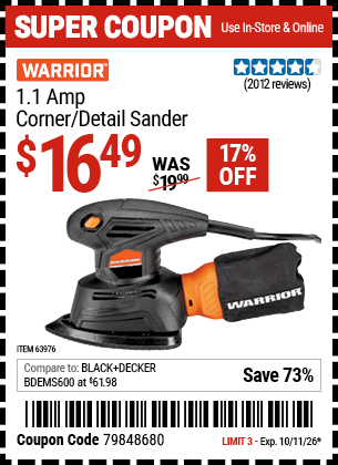Harbor Freight Coupons, HF Coupons, 20% off - Warrior Palm Detail Sander
