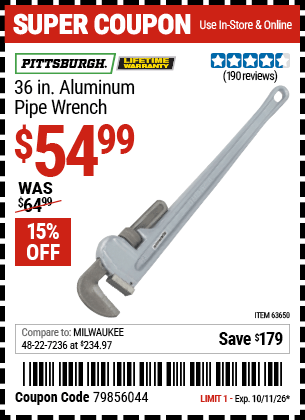 Harbor Freight Coupons, HF Coupons, 20% off - 36 in. Aluminum Pipe Wrench
