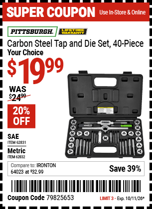 Harbor Freight Coupons, HF Coupons, 20% off - 40 Piece Carbon Steel Tap And Die Sets
