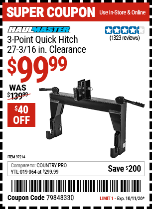 Harbor Freight Coupons, HF Coupons, 20% off - 3-point Quick Hitch