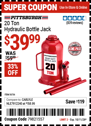 Harbor Freight Coupons, HF Coupons, 20% off - 20 Ton Hydraulic Bottle Jack