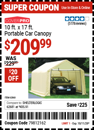 Harbor Freight Coupons, HF Coupons, 20% off - 10 Ft. X 17ft. Portable Garage
