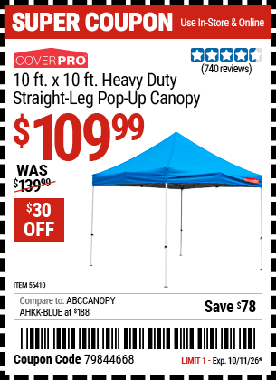 Harbor Freight Coupons, HF Coupons, 20% off - 10ft.x10ft. Heavy Duty Straight Leg Pop-up Canopy