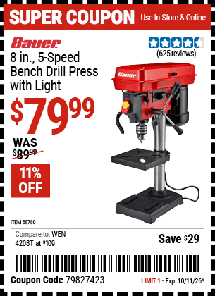 Harbor Freight Coupons, HF Coupons, 20% off - BAUER 8 in., 5-Speed Bench Drill Press with Light for $79.99