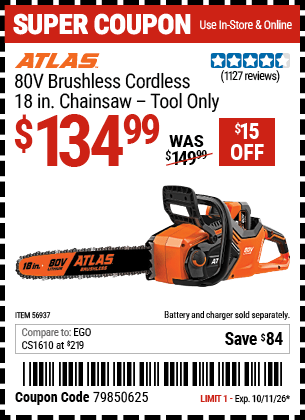 Harbor Freight Coupons, HF Coupons, 20% off - ATLAS 80v Lithium-Ion Cordless 18 in. Brushless Chainsaw 