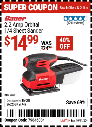 Harbor Freight Coupons, HF Coupons, 20% off - 2.2 Amp 1/4 Sheet Heavy Duty Palm Finishing Sander