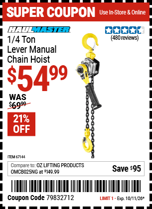 Harbor Freight Coupons, HF Coupons, 20% off - 1/4 Ton Lever Chain Hoist