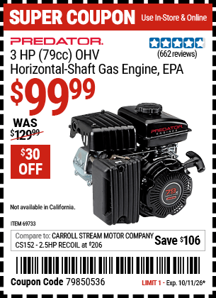 Harbor Freight Coupons, HF Coupons, 20% off - 3 Hp (79 Cc) Ohv Horizontal Shaft Gas Engine