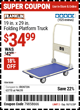 Harbor Freight Coupons, HF Coupons, 20% off - FRANKLIN 19 in. x 29 in. Folding Platform Truck for $34.99