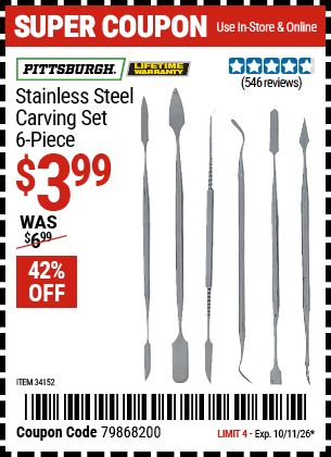 Harbor Freight Coupons, HF Coupons, 20% off - Stainless Steel Carving Set, 6 Pc.