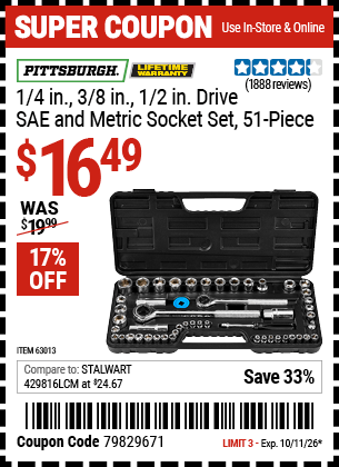 Harbor Freight Coupons, HF Coupons, 20% off - 51 Piece Sae And Metric Socket Set