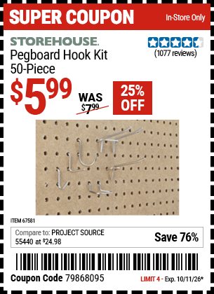 Harbor Freight Coupons, HF Coupons, 20% off - 50 Piece Pegboard Hook Kit