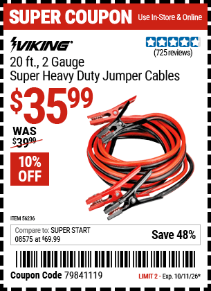 Harbor Freight Coupons, HF Coupons, 20% off - 20 Ft., 2 Gauge Heavy Duty Booster Cables