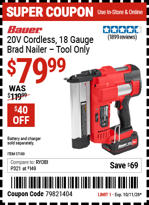 Harbor Freight Coupons, HF Coupons, 20% off - BAUER 20v Cordless 18 Gauge Brad Nailer for $79.99