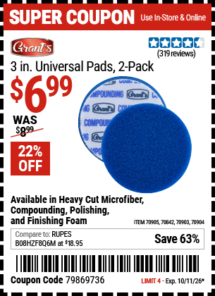 Harbor Freight Coupons, HF Coupons, 20% off - GRANT’S 3 in. Universal Heavy Cut Microfiber Pad 