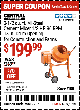 Harbor Freight Coupons, HF Coupons, 20% off - 3-1/2 Cubic Ft. Cement Mixer