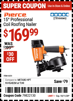 Harbor Freight Coupons, HF Coupons, 20% off - 15° Coil Roofing Nailer