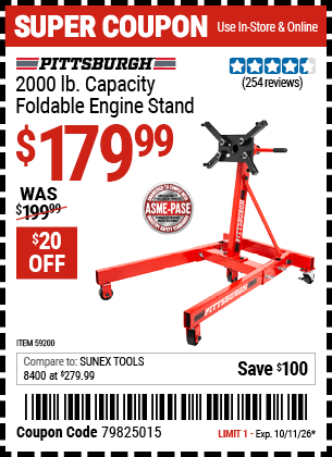 Harbor Freight Coupons, HF Coupons, 20% off - PITTSBURGH 2000 lb. Capacity Foldable Engine Stand for $169.99