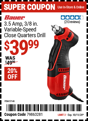 Harbor Freight Coupons, HF Coupons, 20% off - 3/8 In. Corded Close Quarters Drill