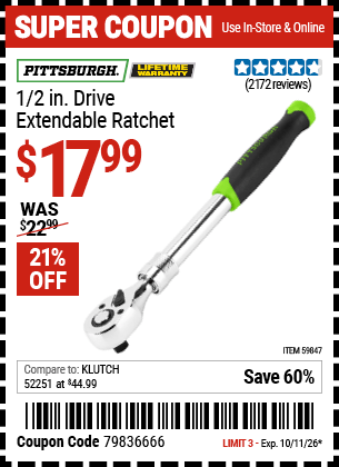 Harbor Freight Coupons, HF Coupons, 20% off - PITTSBURGH 1/2 in. Drive Extendable Ratchet for $14.99