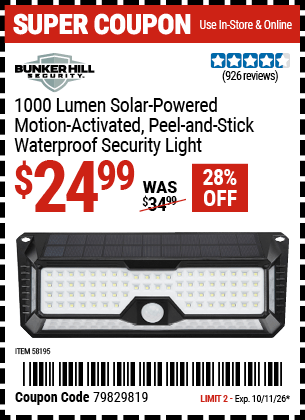 Harbor Freight Coupons, HF Coupons, 20% off - BUNKER HILL SECURITY 1000 Lumen Wall Mount Peel-And-Stick Security Light 