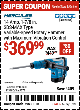 Harbor Freight Coupons, HF Coupons, 20% off - HERCULES 14 Amp 1-7/8 in. SDS Max-Type Variable Speed Rotary Hammer for $349.99