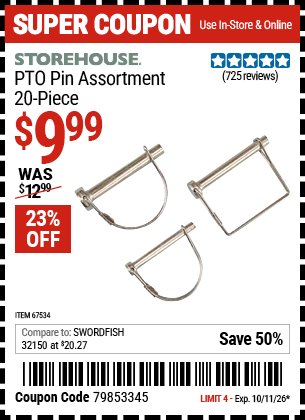 Harbor Freight Coupons, HF Coupons, 20% off - 20 Piece Pto Pin Assortment