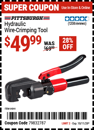 Harbor Freight Coupons, HF Coupons, 20% off - Hydraulic Wire Crimping Tool
