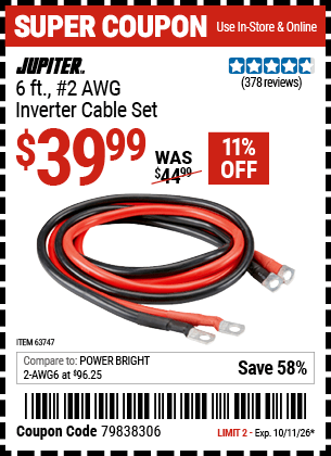 Harbor Freight Coupons, HF Coupons, 20% off - JUPITER 6 ft. Inverter Cable Set for $34.99