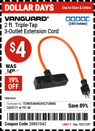 Harbor Freight Coupons, HF Coupons, 20% off - Vanguard 2 ft. Triple Tap 3-Outlet Extension Cord for $3.99