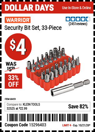 Harbor Freight Coupons, HF Coupons, 20% off - 33 Piece Security Bit Set