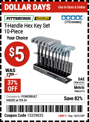Harbor Freight Coupons, HF Coupons, 20% off - 10 Piece T-handled Hex Key Sets