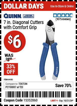 Harbor Freight Coupons, HF Coupons, 20% off - 7'' Diagonal Cutters With Comfort Grip