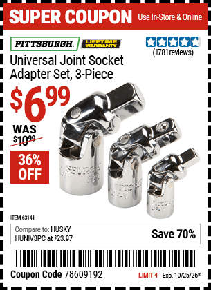 Harbor Freight Coupons, HF Coupons, 20% off - 3 Piece Universal Joint Socket Adapter Set