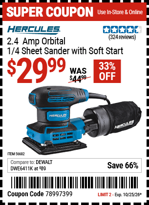 Harbor Freight Coupons, HF Coupons, 20% off - 2.4 Amp Corded 1/4 Sheet Palm Finishing Sander