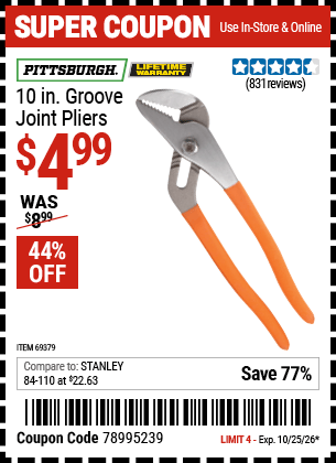 Harbor Freight Coupons, HF Coupons, 20% off - 10 in. Groove Joint Pliers