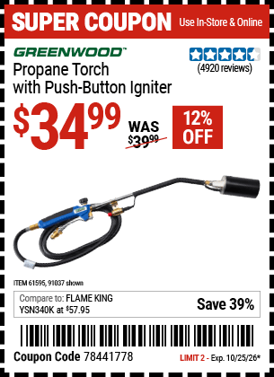 Harbor Freight Coupons, HF Coupons, 20% off - Propane Torch With Push Button Igniter