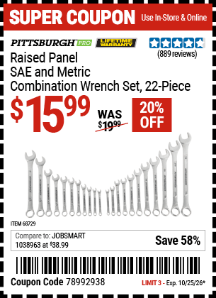 Harbor Freight Coupons, HF Coupons, 20% off - Raised Panel SAE & Metric Combination Wrench Set, 22 Pc.