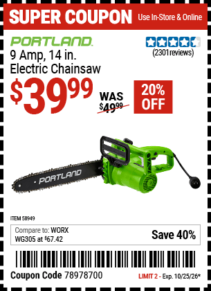 Harbor Freight Coupons, HF Coupons, 20% off - PORTLAND 9 Amp 14 in. Electric Chainsaw 