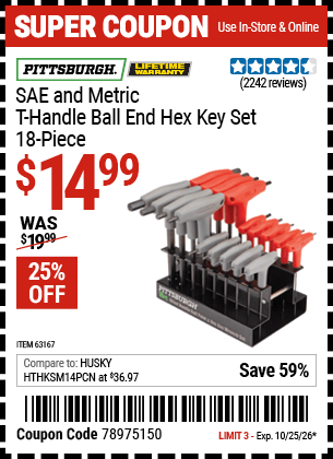 Harbor Freight Coupons, HF Coupons, 20% off - 18 Piece Sae And Metric T-handle Ball End Hex Key Set